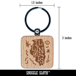 Illinois State with Text Swirls Engraved Wood Square Keychain Tag Charm