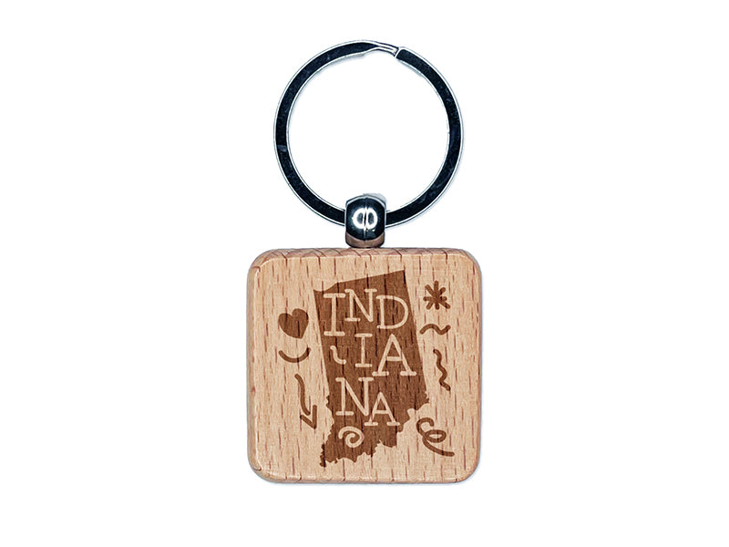 Indiana State with Text Swirls Engraved Wood Square Keychain Tag Charm