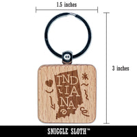 Indiana State with Text Swirls Engraved Wood Square Keychain Tag Charm