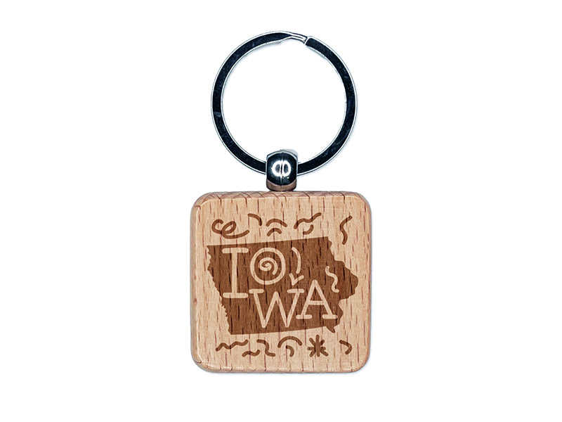 Iowa State with Text Swirls Engraved Wood Square Keychain Tag Charm