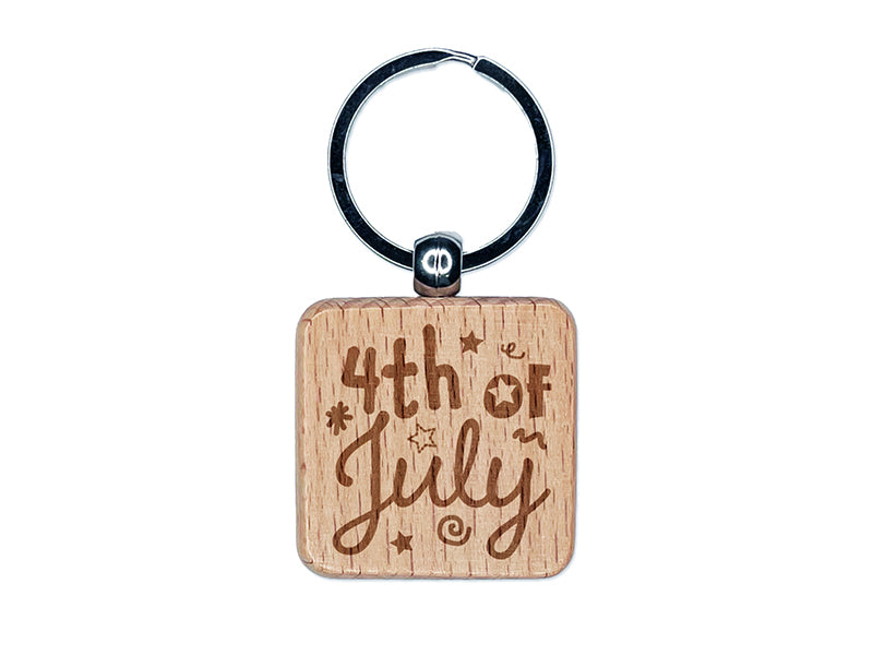 July 4th Independence Day Patriotic Cute Text Engraved Wood Square Keychain Tag Charm