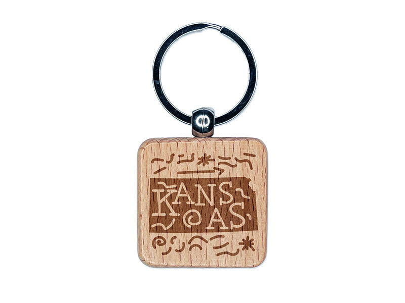 Kansas State with Text Swirls Engraved Wood Square Keychain Tag Charm