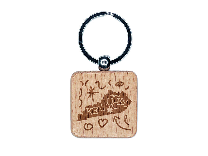 Kentucky State with Text Swirls Engraved Wood Square Keychain Tag Charm