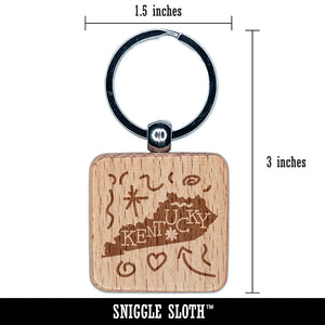 Kentucky State with Text Swirls Engraved Wood Square Keychain Tag Charm