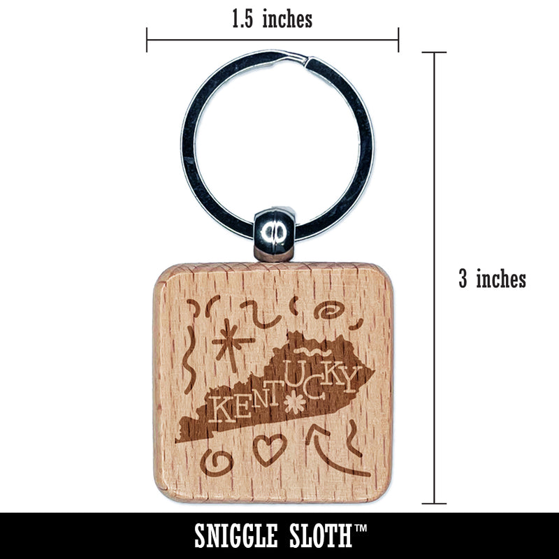 Kentucky State with Text Swirls Engraved Wood Square Keychain Tag Charm