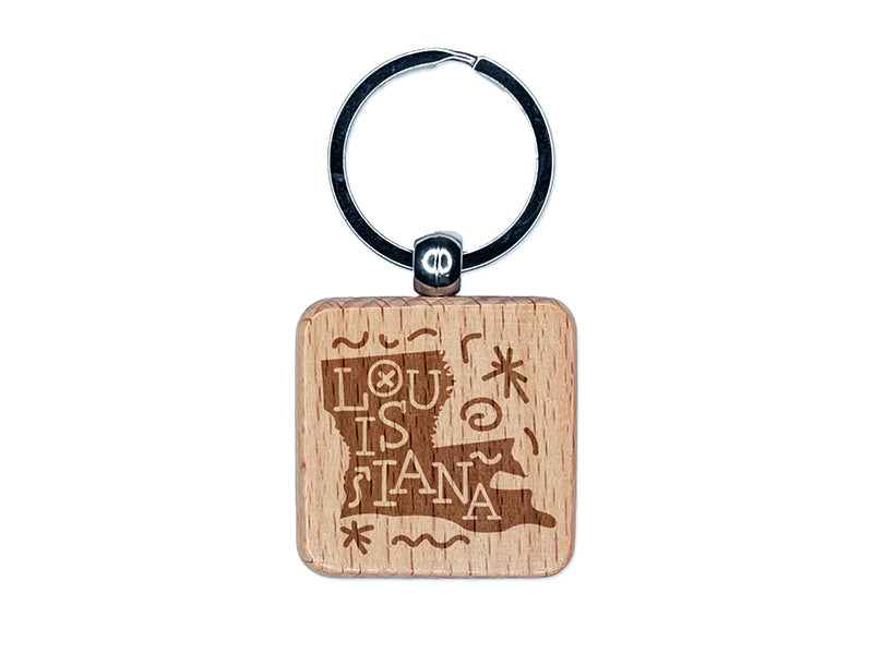 Louisiana State with Text Swirls Engraved Wood Square Keychain Tag Charm