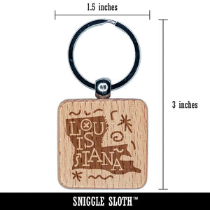 Louisiana State with Text Swirls Engraved Wood Square Keychain Tag Charm