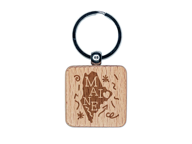 Maine State with Text Swirls Engraved Wood Square Keychain Tag Charm