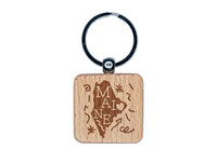 Maine State with Text Swirls Engraved Wood Square Keychain Tag Charm