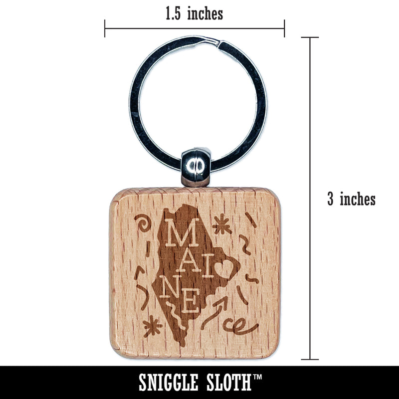 Maine State with Text Swirls Engraved Wood Square Keychain Tag Charm