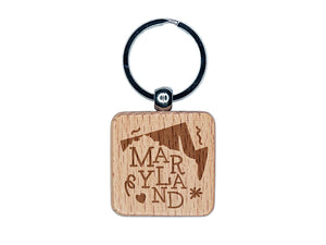 Maryland State with Text Swirls Engraved Wood Square Keychain Tag Charm