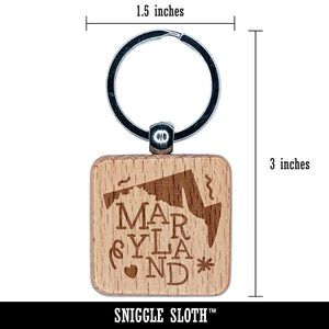 Maryland State with Text Swirls Engraved Wood Square Keychain Tag Charm