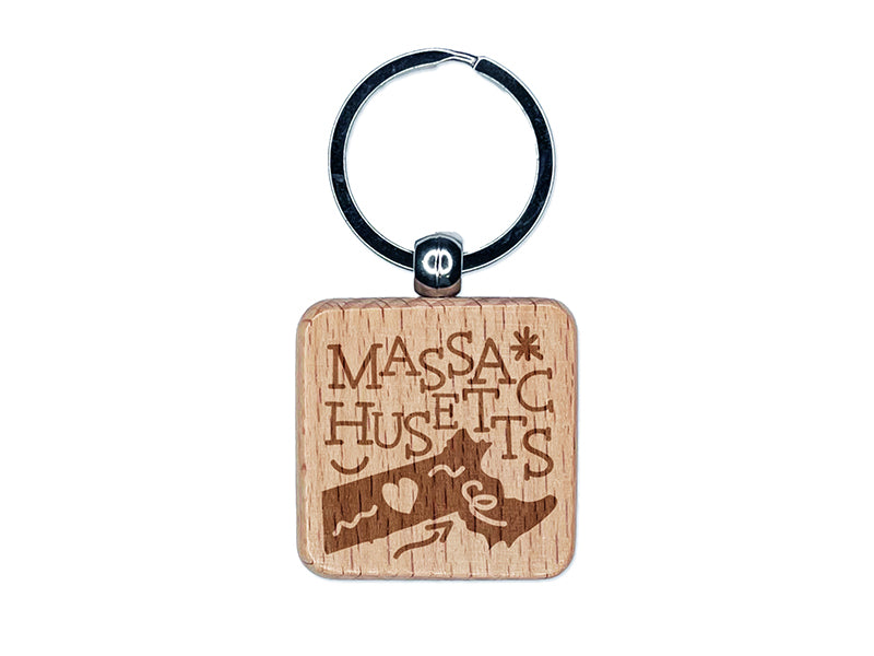 Massachusetts State with Text Swirls Engraved Wood Square Keychain Tag Charm