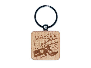 Massachusetts State with Text Swirls Engraved Wood Square Keychain Tag Charm