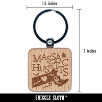 Massachusetts State with Text Swirls Engraved Wood Square Keychain Tag Charm