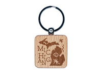 Michigan State with Text Swirls Engraved Wood Square Keychain Tag Charm