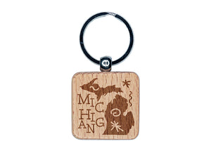 Michigan State with Text Swirls Engraved Wood Square Keychain Tag Charm