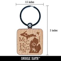 Michigan State with Text Swirls Engraved Wood Square Keychain Tag Charm