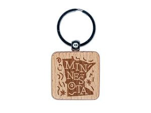 Minnesota State with Text Swirls Engraved Wood Square Keychain Tag Charm