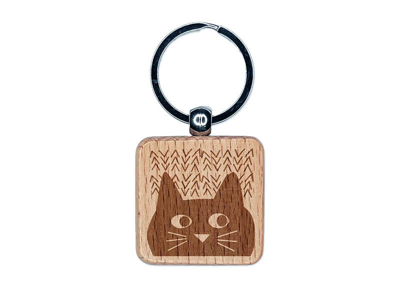 Mischievous Cat Peering Engraved Wood Square Keychain Tag Charm