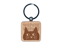 Mischievous Cat Peering Engraved Wood Square Keychain Tag Charm