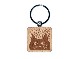 Mischievous Cat Peering Engraved Wood Square Keychain Tag Charm