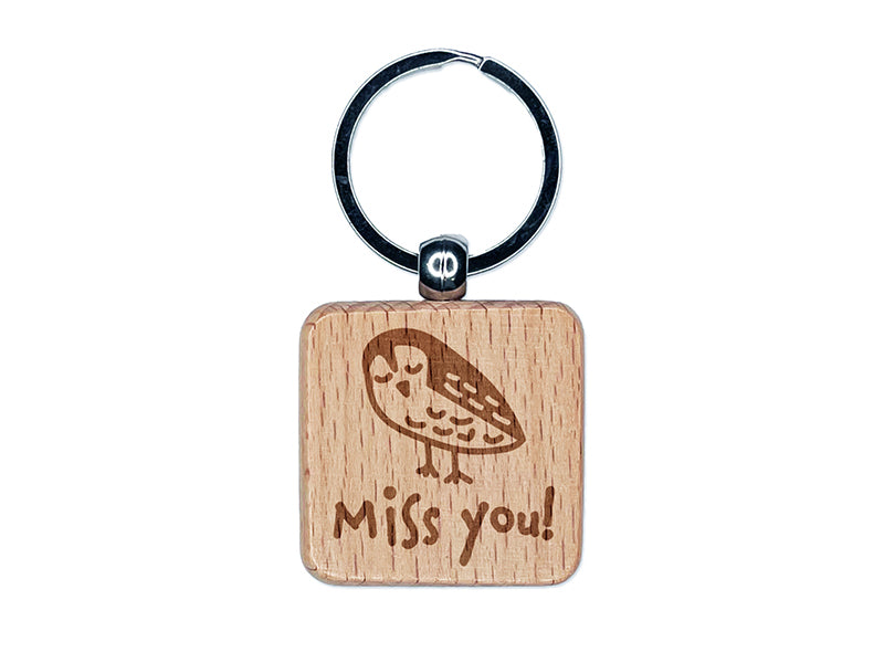 Miss You Owl Doodle Engraved Wood Square Keychain Tag Charm