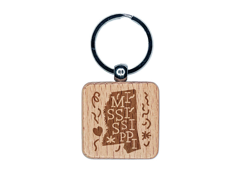 Mississippi State with Text Swirls Engraved Wood Square Keychain Tag Charm