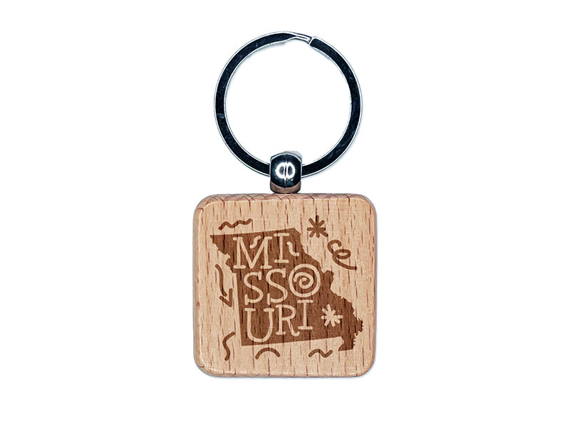 Missouri State with Text Swirls Engraved Wood Square Keychain Tag Charm