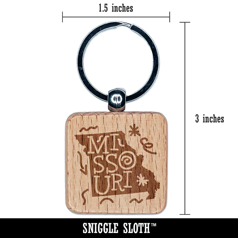 Missouri State with Text Swirls Engraved Wood Square Keychain Tag Charm