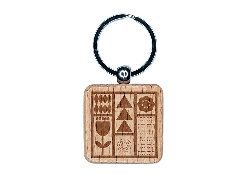 Mod Design Flowers Triangles Leaves Engraved Wood Square Keychain Tag Charm