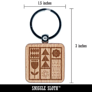 Mod Design Flowers Triangles Leaves Engraved Wood Square Keychain Tag Charm