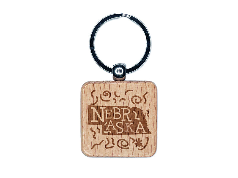 Nebraska State with Text Swirls Engraved Wood Square Keychain Tag Charm