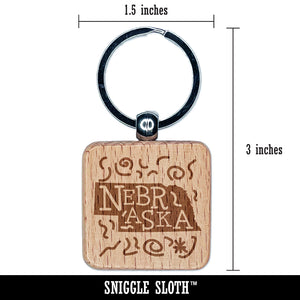 Nebraska State with Text Swirls Engraved Wood Square Keychain Tag Charm