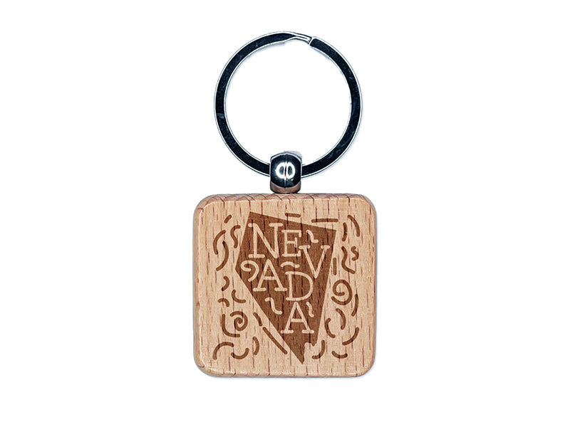 Nevada State with Text Swirls Engraved Wood Square Keychain Tag Charm