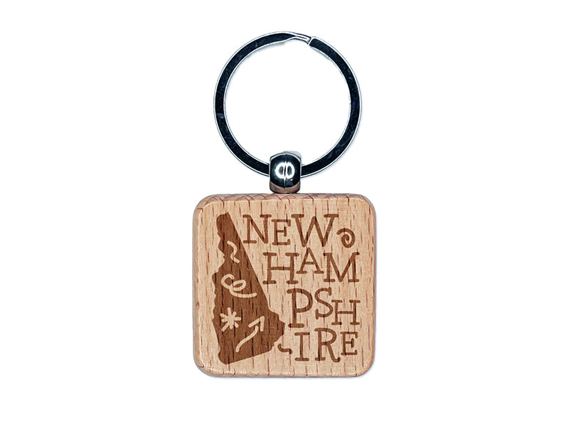 New Hampshire State with Text Swirls Engraved Wood Square Keychain Tag Charm