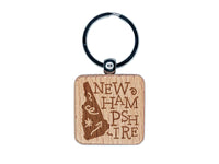 New Hampshire State with Text Swirls Engraved Wood Square Keychain Tag Charm