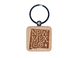 New Mexico State with Text Swirls Engraved Wood Square Keychain Tag Charm