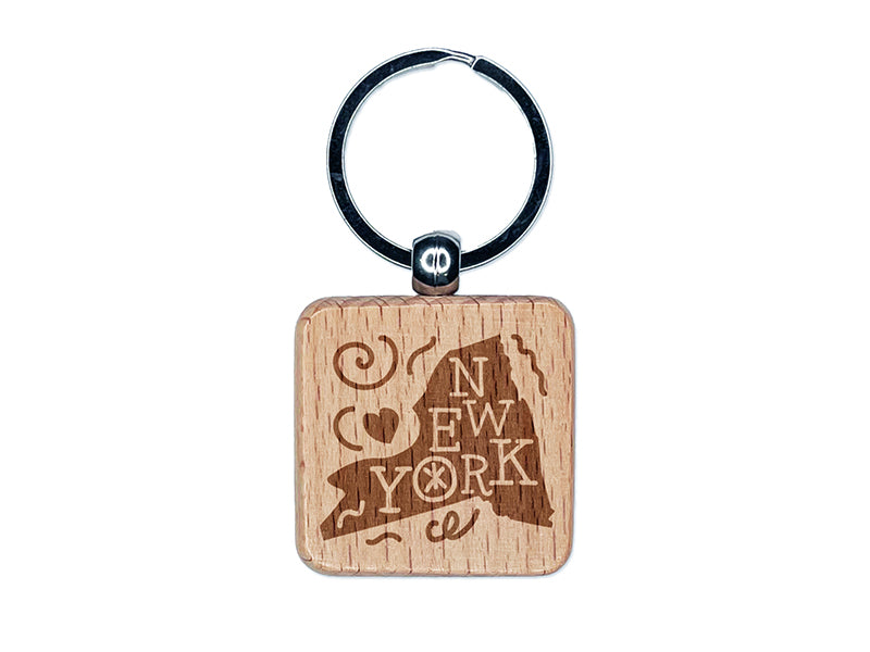 New York State with Text Swirls Engraved Wood Square Keychain Tag Charm