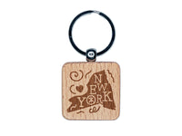 New York State with Text Swirls Engraved Wood Square Keychain Tag Charm