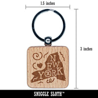 New York State with Text Swirls Engraved Wood Square Keychain Tag Charm