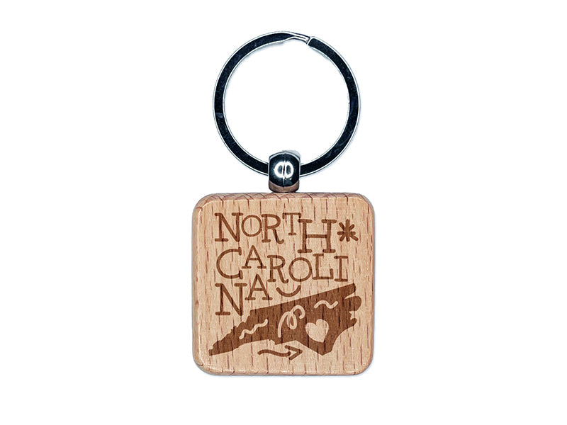 North Carolina State with Text Swirls Engraved Wood Square Keychain Tag Charm