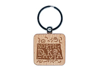 North Dakota State with Text Swirls Engraved Wood Square Keychain Tag Charm