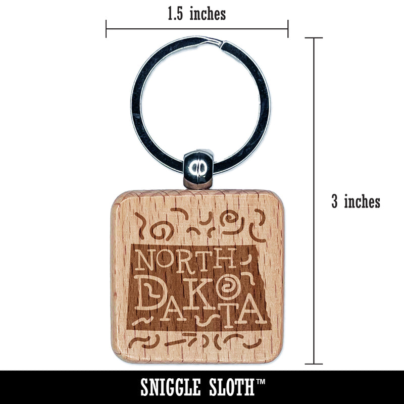 North Dakota State with Text Swirls Engraved Wood Square Keychain Tag Charm