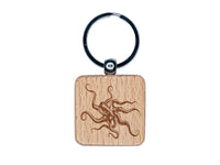 Octopus Old Timey Sketch Engraved Wood Square Keychain Tag Charm