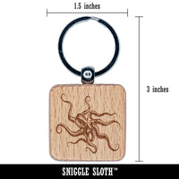 Octopus Old Timey Sketch Engraved Wood Square Keychain Tag Charm