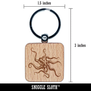 Octopus Old Timey Sketch Engraved Wood Square Keychain Tag Charm