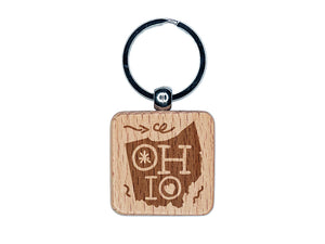 Ohio State with Text Swirls Engraved Wood Square Keychain Tag Charm