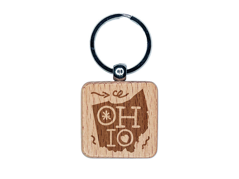 Ohio State with Text Swirls Engraved Wood Square Keychain Tag Charm