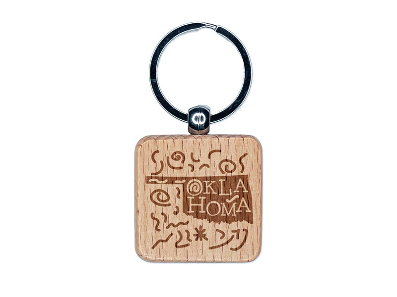 Oklahoma State with Text Swirls Engraved Wood Square Keychain Tag Charm